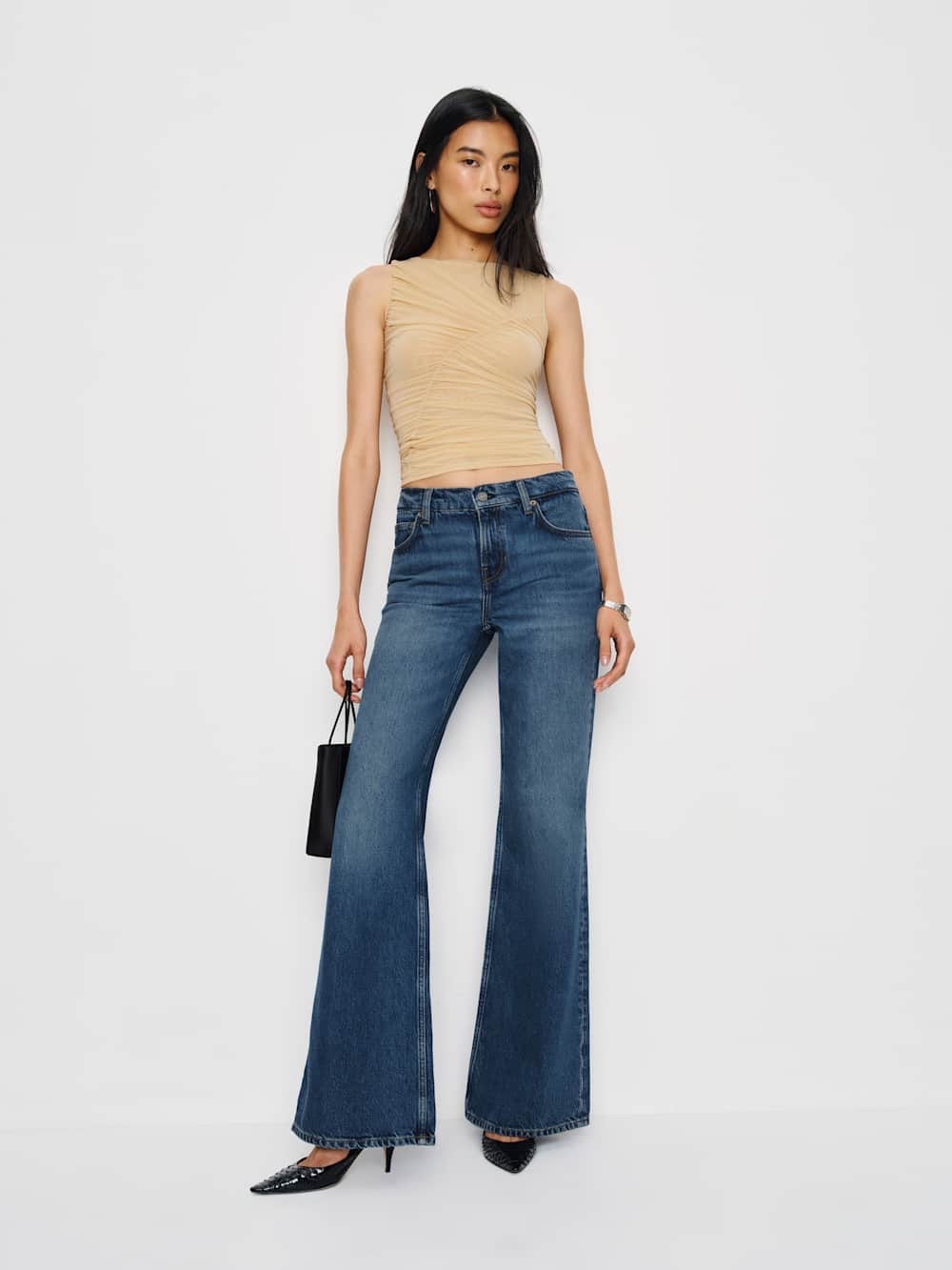 Reformation Kara Low Rise Loose Flare Denim Jeans Classic Blue Size 26